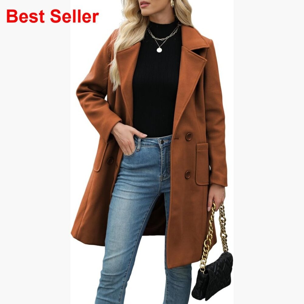 Wool Blend Pea Coat Double Breasted Notch Lapel Winter Coat